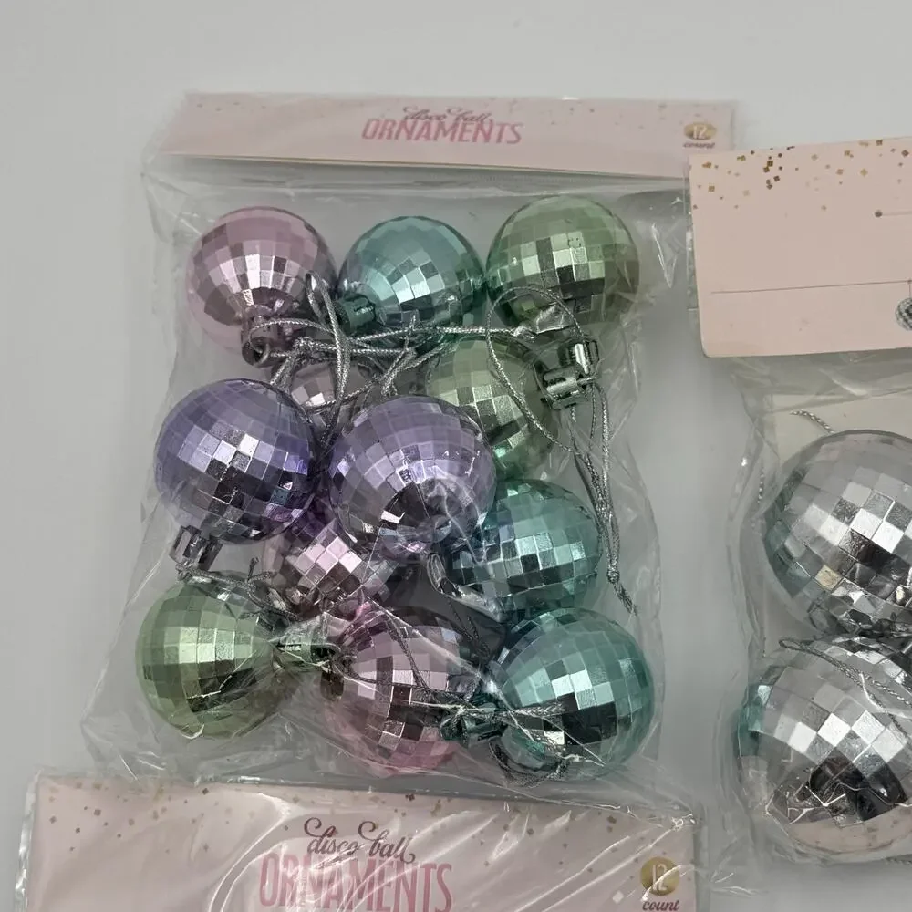 Bullseye Disco Ball Christmas Ornaments 12 Count‎ w 72” Banner Lot of 6 NEW